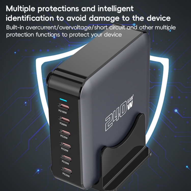 240W GaN 6-Ports USB-C / Type-C Multi Sharing Desktop Charger, Plug:AU Plug(Grey)
