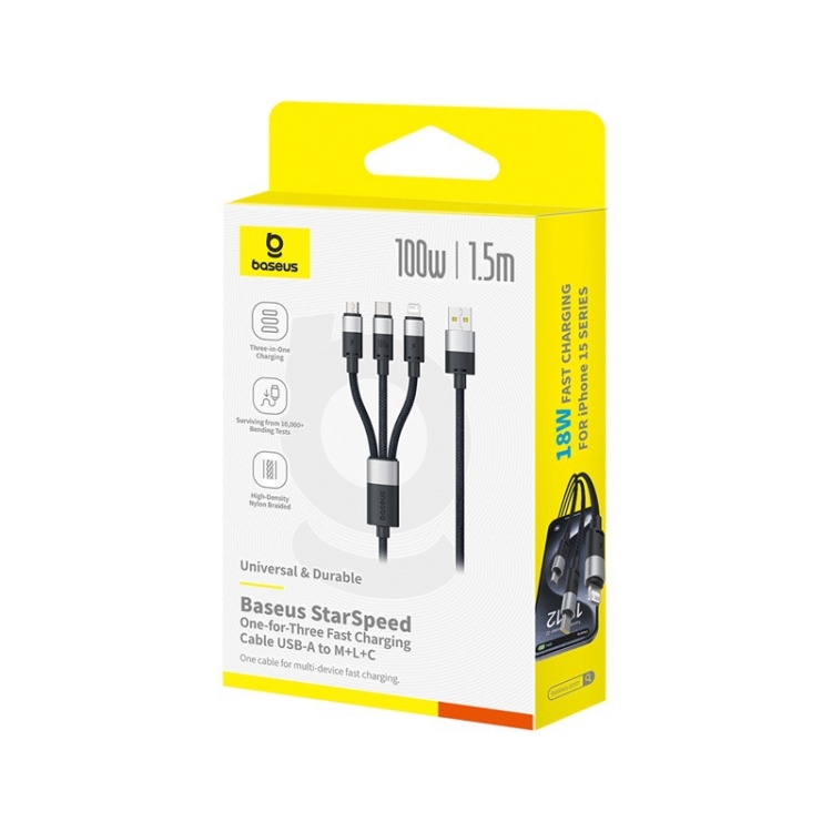 Baseus Star Speed 1.5m PD100W 3 in 1 Fast Charging Cable(Black) Baseus Star Speed 1.5m PD100W 3 in 1 Fast Charging Cable(Black)