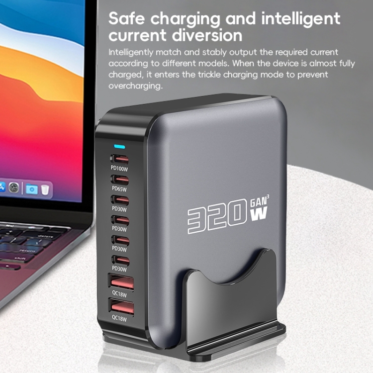 320W GaN 6 Type-C 2 USB Multi Ports Sharing Desktop Charger, Plug:US Plug(Grey) 320W GaN 6 Type-C 2 USB Multi Ports Sharing Desktop Charger, Plug:US Plug(Grey)