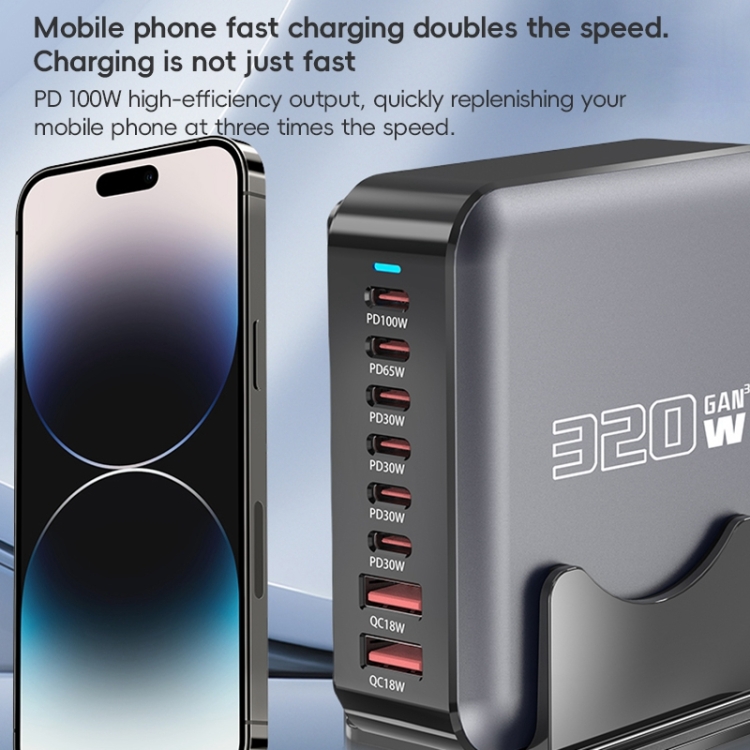 320W GaN 6 Type-C 2 USB Multi Ports Sharing Desktop Charger, Plug:US Plug(Grey) 320W GaN 6 Type-C 2 USB Multi Ports Sharing Desktop Charger, Plug:US Plug(Grey)