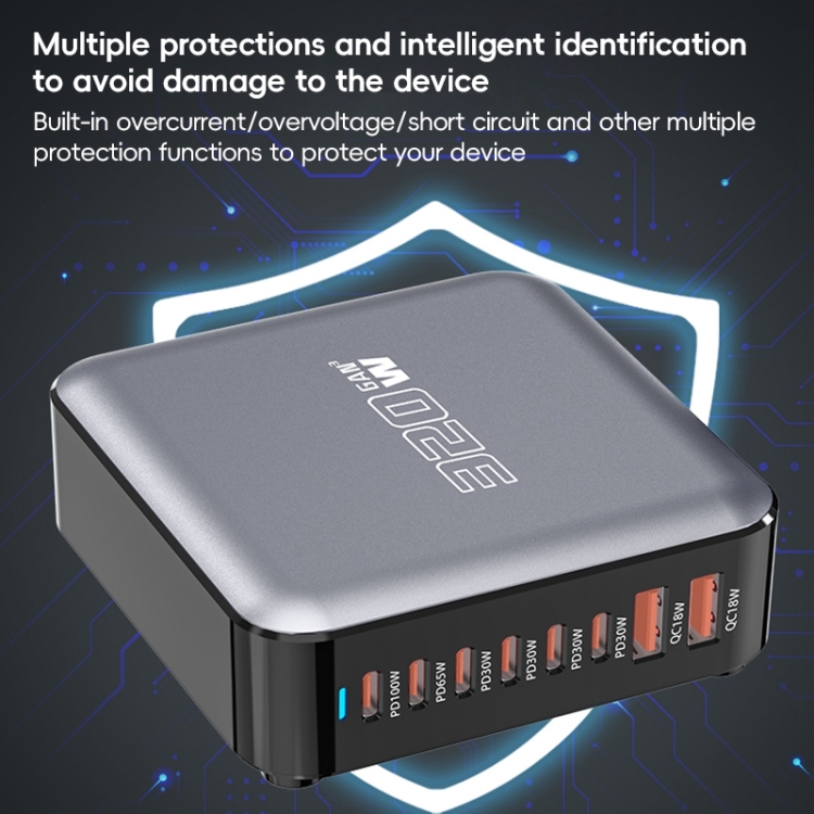 320W GaN 6 Type-C 2 USB Multi Ports Sharing Desktop Charger, Plug:EU Plug(Grey) 320W GaN 6 Type-C 2 USB Multi Ports Sharing Desktop Charger, Plug:EU Plug(Grey)