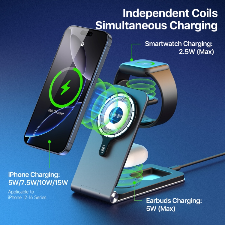 DUZZONA W22 15W 3 in 1 Foldable Magnetic Wireless Charging Stand(Grey) DUZZONA W22 15W 3 in 1 Foldable Magnetic Wireless Charging Stand(Grey)