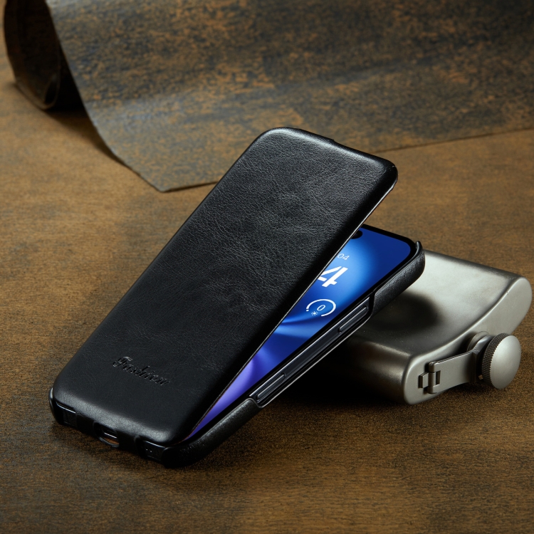 For iPhone 16 Fierre Shann 64 Texture Vertical Flip PU Leather Phone Case(Black)
