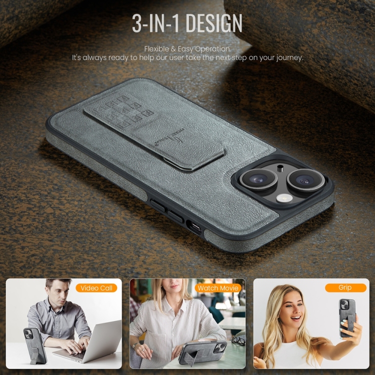 For iPhone 15 Fierre Shann Oil Wax Cow Leather Holder Back Phone Case(Grey) For iPhone 15 Fierre Shann Oil Wax Cow Leather Holder Back Phone Case(Grey)