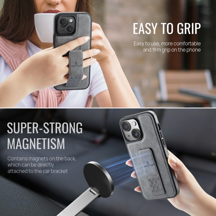 For iPhone 15 Fierre Shann Oil Wax Cow Leather Holder Back Phone Case(Grey) For iPhone 15 Fierre Shann Oil Wax Cow Leather Holder Back Phone Case(Grey)