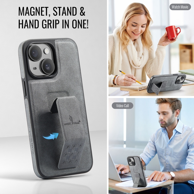 For iPhone 15 Fierre Shann Oil Wax Cow Leather Holder Back Phone Case(Grey) For iPhone 15 Fierre Shann Oil Wax Cow Leather Holder Back Phone Case(Grey)