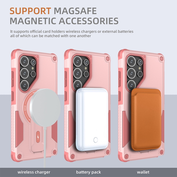 For Samsung Galaxy S25 Ultra 5G Armor MagSafe Holder PC Hybrid TPU Phone Case(Pink)