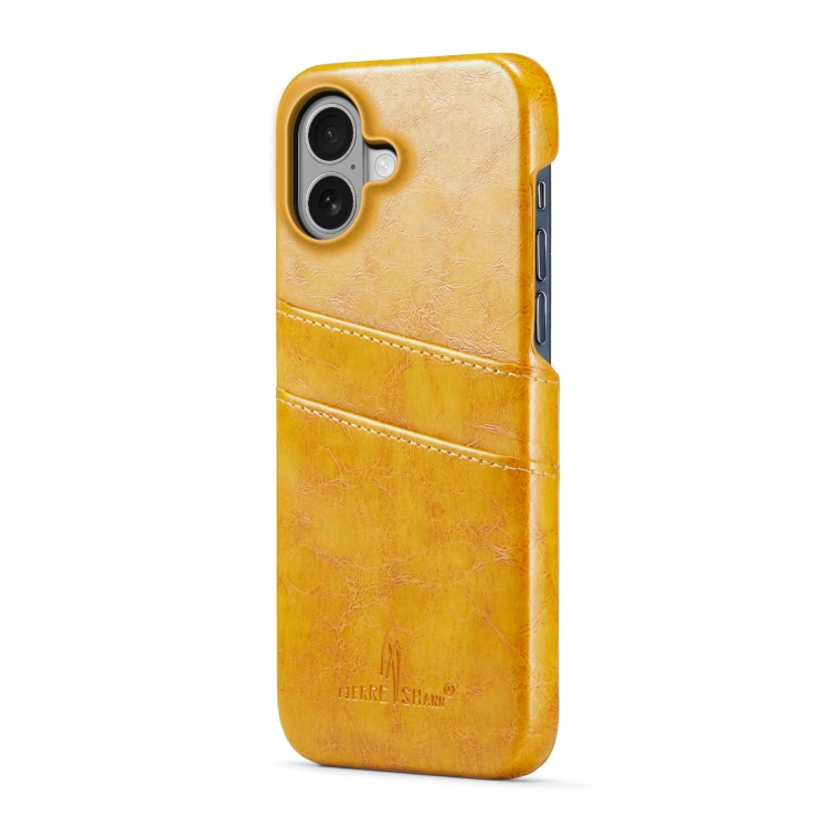 For iPhone 16 Fierre Shann Retro Oil Wax Texture Card Slots PU Leather Phone Case(Yellow) For iPhone 16 Fierre Shann Retro Oil Wax Texture Card Slots PU Leather Phone Case(Yellow)