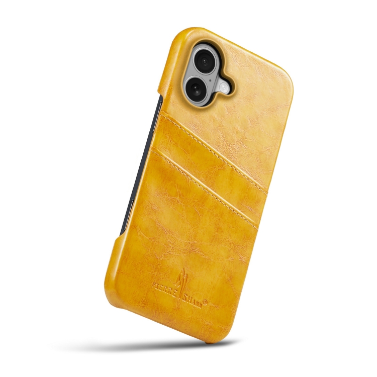 For iPhone 16 Fierre Shann Retro Oil Wax Texture Card Slots PU Leather Phone Case(Yellow) For iPhone 16 Fierre Shann Retro Oil Wax Texture Card Slots PU Leather Phone Case(Yellow)