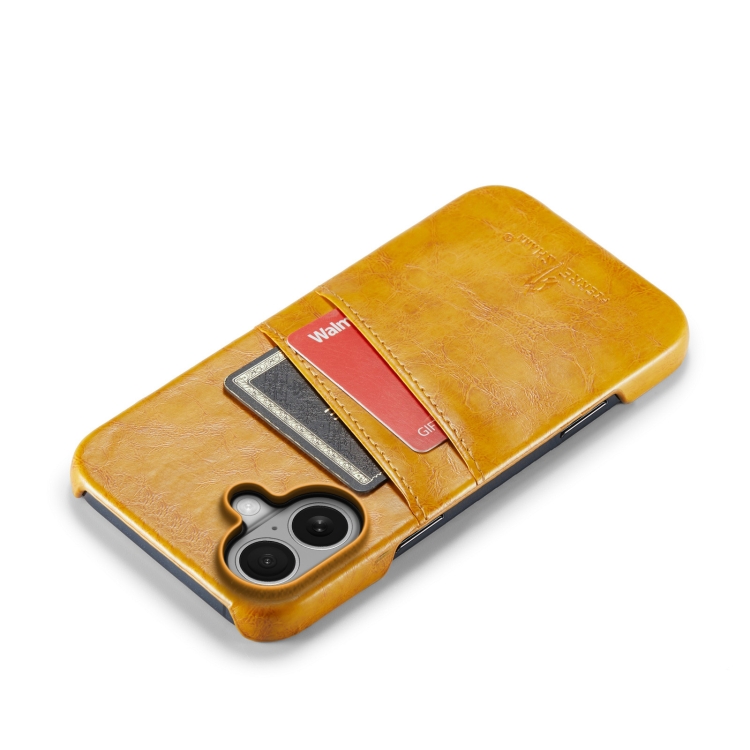 For iPhone 16 Fierre Shann Retro Oil Wax Texture Card Slots PU Leather Phone Case(Yellow) For iPhone 16 Fierre Shann Retro Oil Wax Texture Card Slots PU Leather Phone Case(Yellow)
