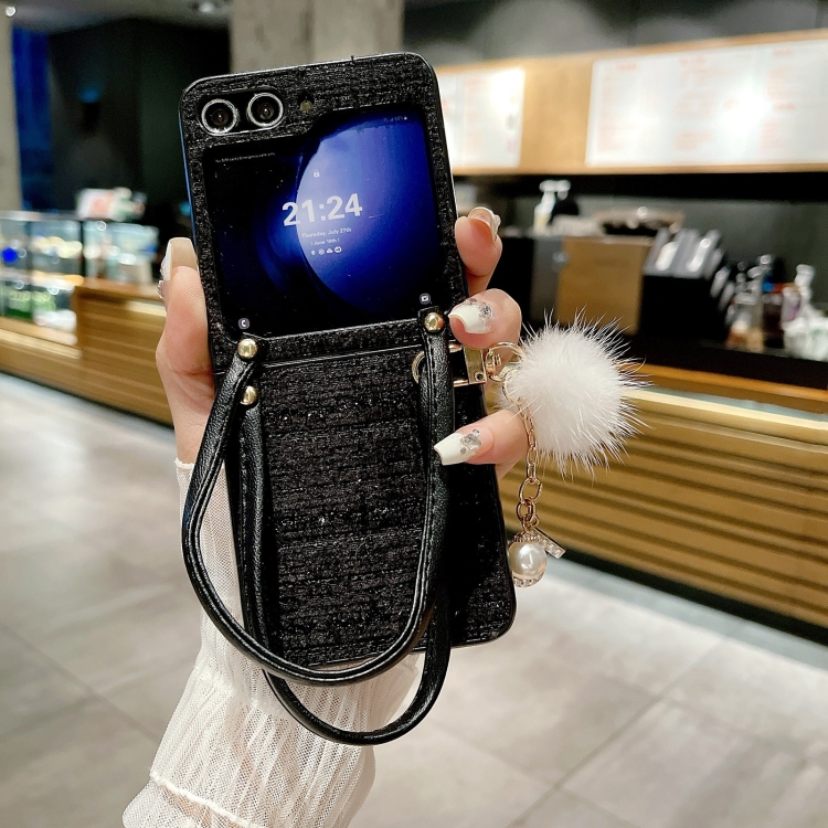 For Samsung Galaxy Z Flip6 Handbag Design Plush Ball Plaid Fabric PC Phone Case(Black) For Samsung Galaxy Z Flip6 Handbag Design Plush Ball Plaid Fabric PC Phone Case(Black)