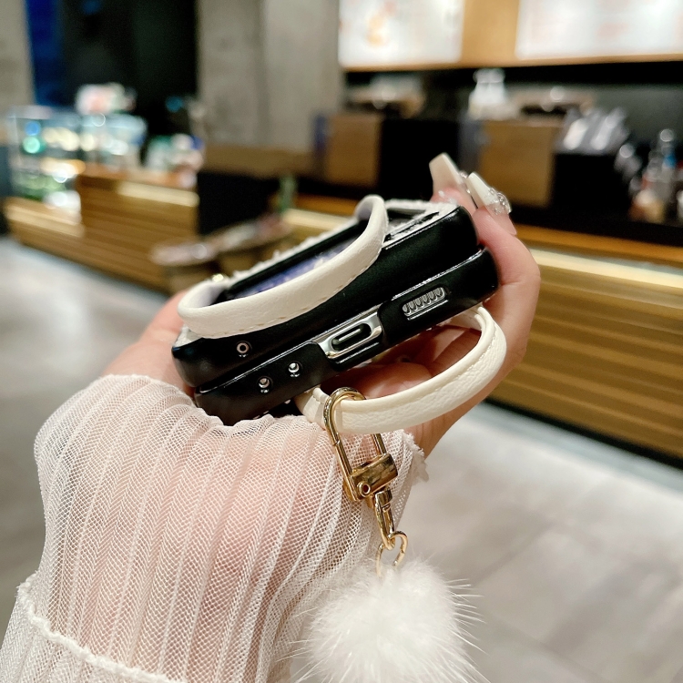 For Samsung Galaxy Z Flip6 Handbag Design Plush Ball Plaid Fabric PC Phone Case(Black) For Samsung Galaxy Z Flip6 Handbag Design Plush Ball Plaid Fabric PC Phone Case(Black)