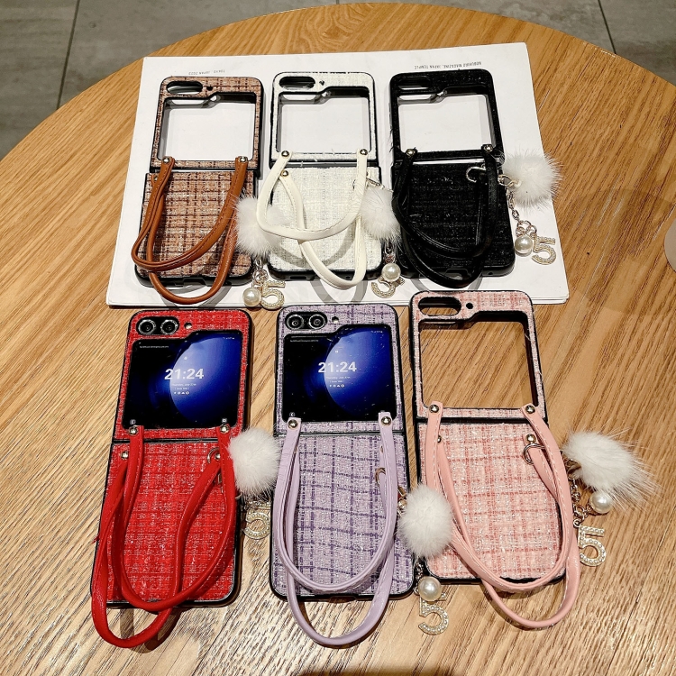 For Samsung Galaxy Z Flip6 Handbag Design Plush Ball Plaid Fabric PC Phone Case(Black) For Samsung Galaxy Z Flip6 Handbag Design Plush Ball Plaid Fabric PC Phone Case(Black)