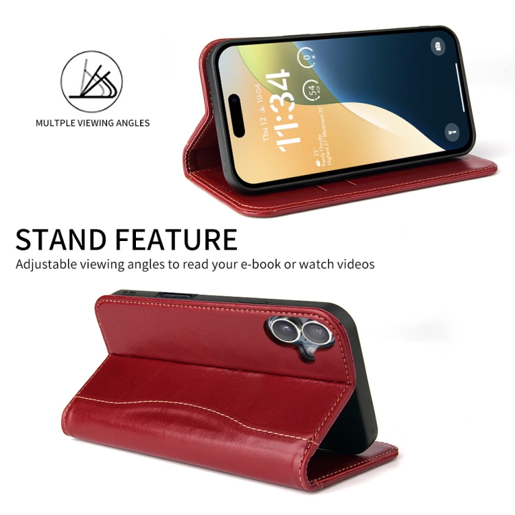 For iPhone 16 Plus Fierre Shann Cowhide Leather Flip Leather Phone Case(Red) For iPhone 16 Plus Fierre Shann Cowhide Leather Flip Leather Phone Case(Red)