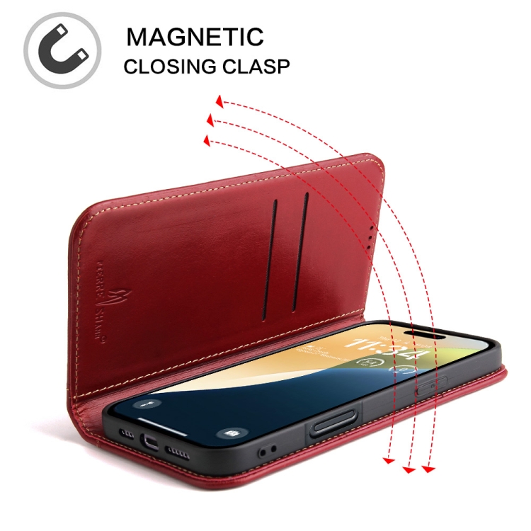 For iPhone 16 Plus Fierre Shann Cowhide Leather Flip Leather Phone Case(Red) For iPhone 16 Plus Fierre Shann Cowhide Leather Flip Leather Phone Case(Red)