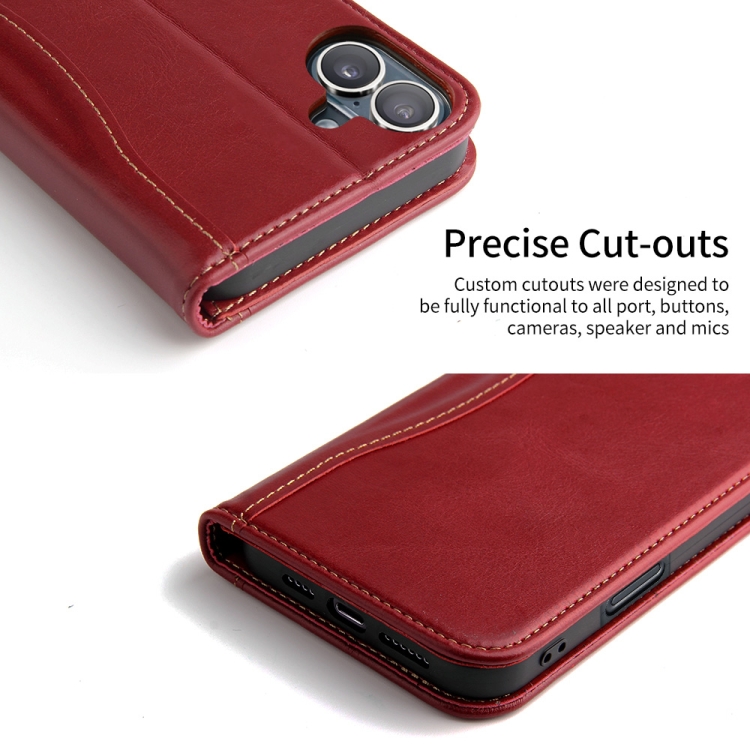 For iPhone 16 Plus Fierre Shann Cowhide Leather Flip Leather Phone Case(Red) For iPhone 16 Plus Fierre Shann Cowhide Leather Flip Leather Phone Case(Red)
