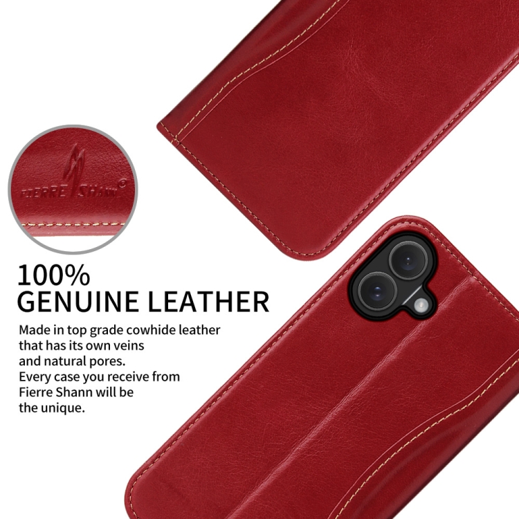 For iPhone 16 Plus Fierre Shann Cowhide Leather Flip Leather Phone Case(Red) For iPhone 16 Plus Fierre Shann Cowhide Leather Flip Leather Phone Case(Red)