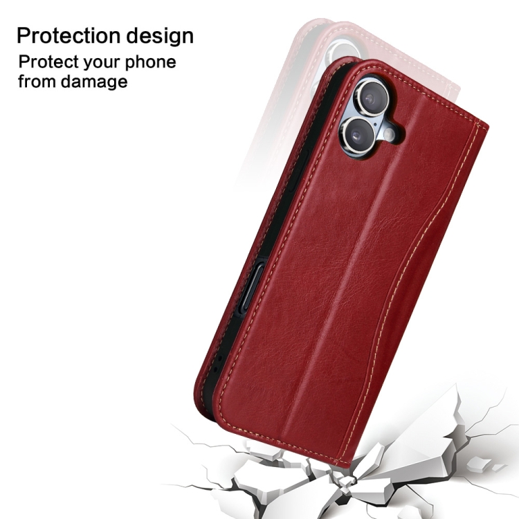 For iPhone 16 Plus Fierre Shann Cowhide Leather Flip Leather Phone Case(Red) For iPhone 16 Plus Fierre Shann Cowhide Leather Flip Leather Phone Case(Red)