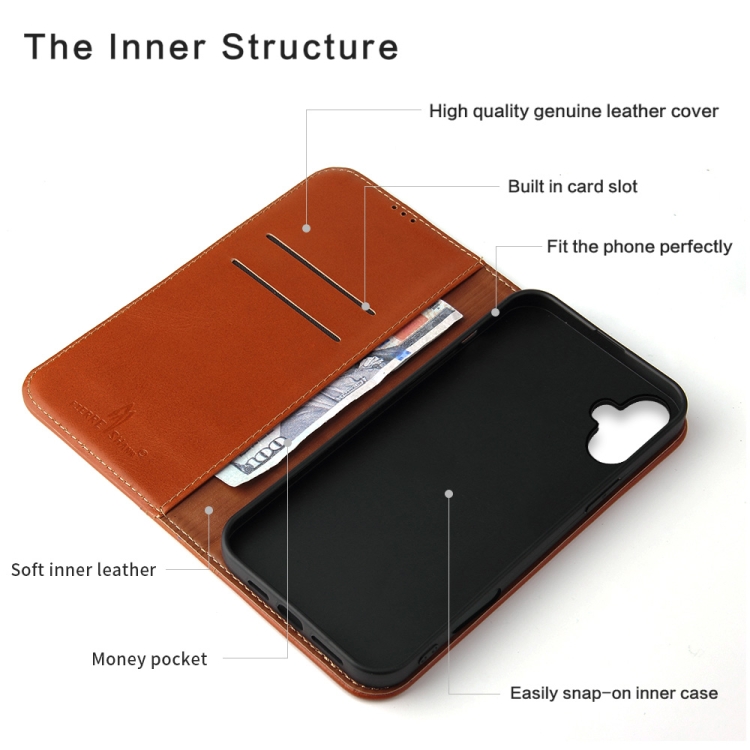 For iPhone 16 Fierre Shann Cowhide Leather Flip Leather Phone Case(Brown) For iPhone 16 Fierre Shann Cowhide Leather Flip Leather Phone Case(Brown)