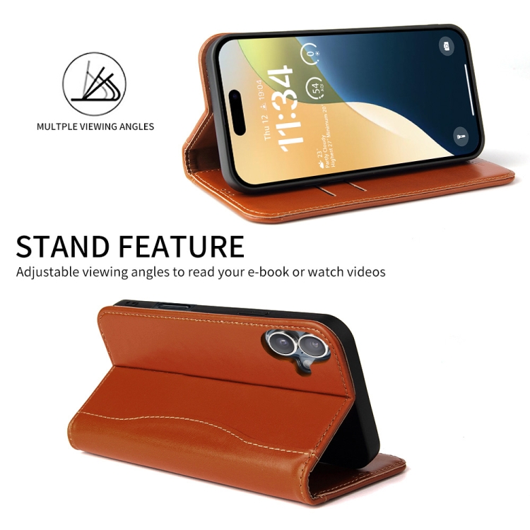 For iPhone 16 Fierre Shann Cowhide Leather Flip Leather Phone Case(Brown) For iPhone 16 Fierre Shann Cowhide Leather Flip Leather Phone Case(Brown)