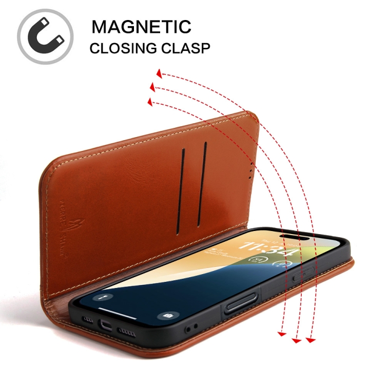 For iPhone 16 Fierre Shann Cowhide Leather Flip Leather Phone Case(Brown) For iPhone 16 Fierre Shann Cowhide Leather Flip Leather Phone Case(Brown)