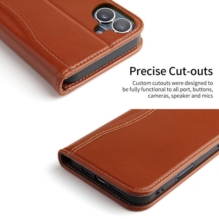 For iPhone 16 Fierre Shann Cowhide Leather Flip Leather Phone Case(Brown) For iPhone 16 Fierre Shann Cowhide Leather Flip Leather Phone Case(Brown)