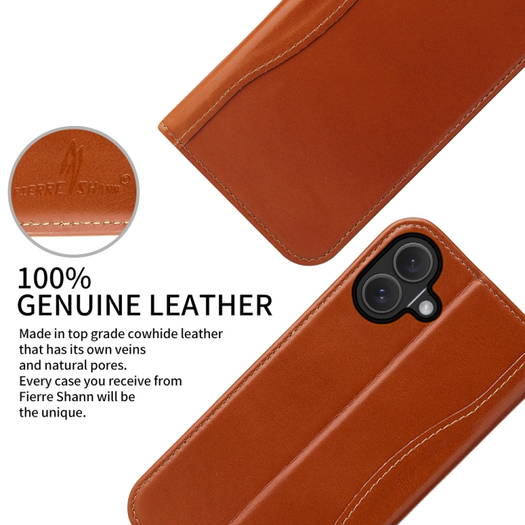For iPhone 16 Fierre Shann Cowhide Leather Flip Leather Phone Case(Brown) For iPhone 16 Fierre Shann Cowhide Leather Flip Leather Phone Case(Brown)
