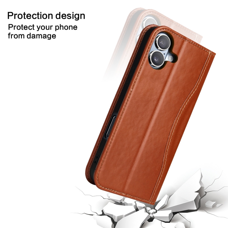 For iPhone 16 Fierre Shann Cowhide Leather Flip Leather Phone Case(Brown) For iPhone 16 Fierre Shann Cowhide Leather Flip Leather Phone Case(Brown)
