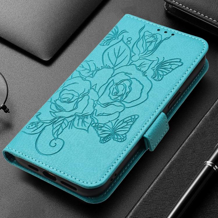 For Redmi Note 15 Pro 5G Global 163.6mm Embossed Rose RFID Anti-theft Leather Phone Case(Light Blue)