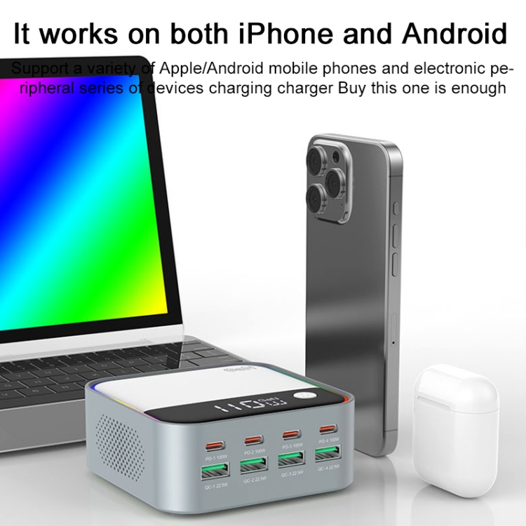 WLX-M8 120W Smart Digital Display Multi-Port Desktop Charger Dock Station, EU Plug(Grey White)