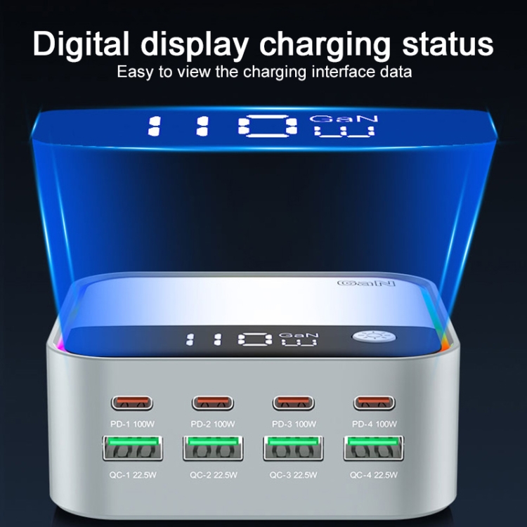 WLX-M8 120W Smart Digital Display Multi-Port Desktop Charger Dock Station, EU Plug(Grey White)