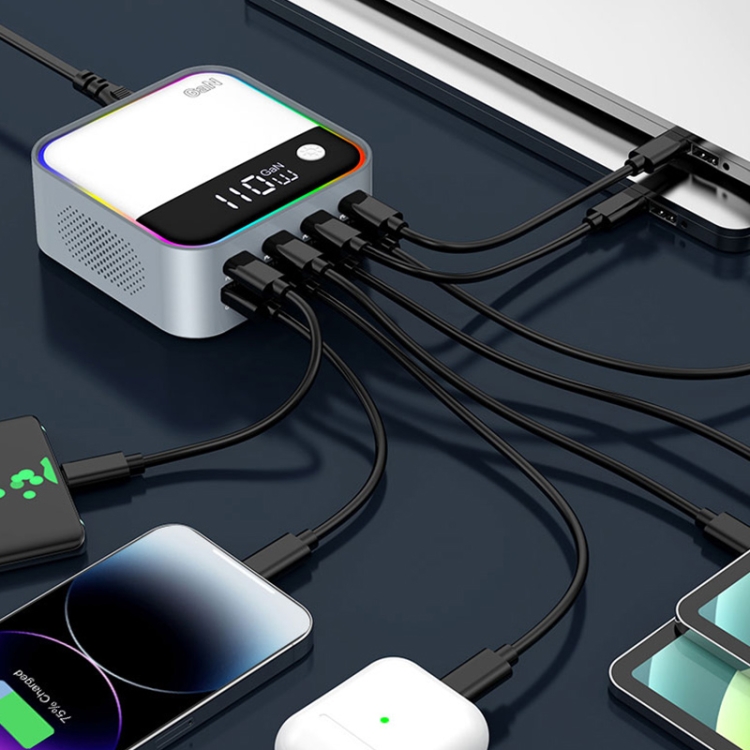 WLX-M8 120W Smart Digital Display Multi-Port Desktop Charger Dock Station, EU Plug(Grey White)