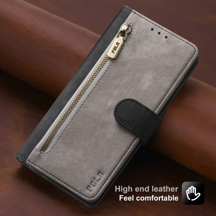 For iPhone 14 Plus POLA Dual-color Zipper Wallet RFID Leather Phone Case(Grey Black) For iPhone 14 Plus POLA Dual-color Zipper Wallet RFID Leather Phone Case(Grey Black)