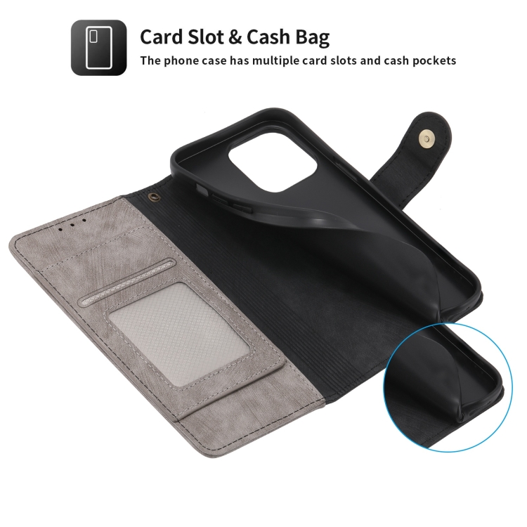 For iPhone 14 Plus POLA Dual-color Zipper Wallet RFID Leather Phone Case(Grey Black) For iPhone 14 Plus POLA Dual-color Zipper Wallet RFID Leather Phone Case(Grey Black)