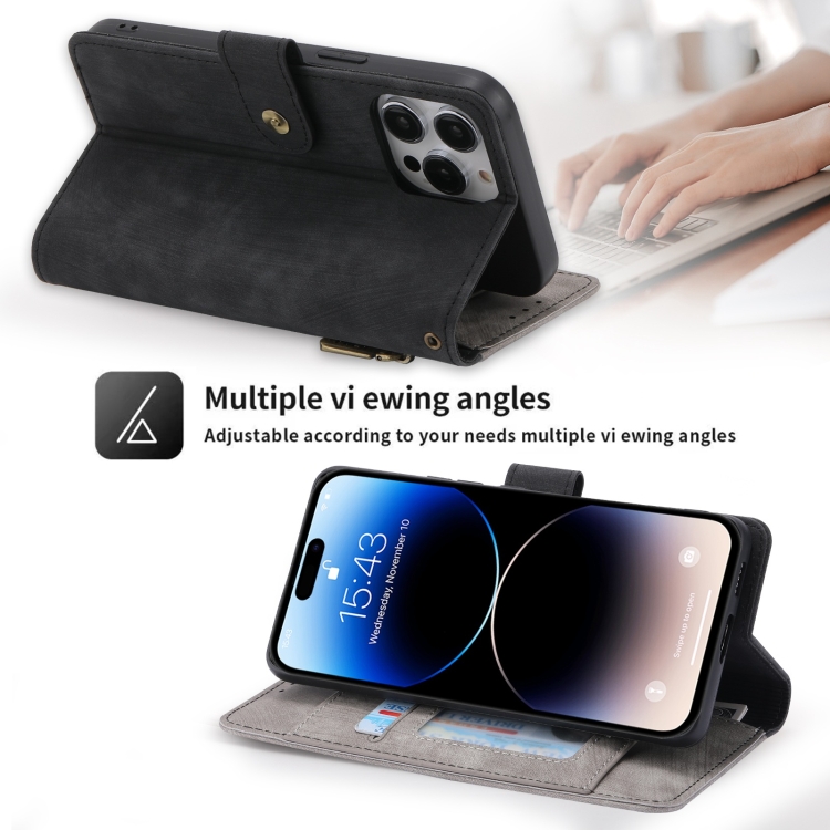 For iPhone 14 Plus POLA Dual-color Zipper Wallet RFID Leather Phone Case(Grey Black) For iPhone 14 Plus POLA Dual-color Zipper Wallet RFID Leather Phone Case(Grey Black)