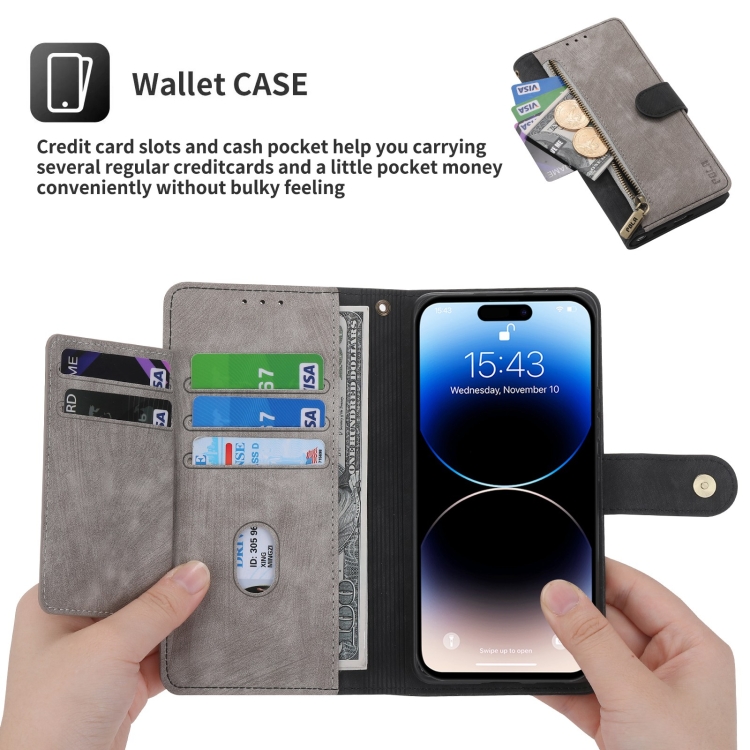 For iPhone 14 Plus POLA Dual-color Zipper Wallet RFID Leather Phone Case(Grey Black) For iPhone 14 Plus POLA Dual-color Zipper Wallet RFID Leather Phone Case(Grey Black)