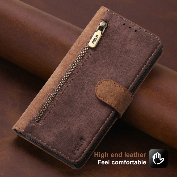 For iPhone 14 POLA Dual-color Zipper Wallet RFID Leather Phone Case(Burgundy Brown) - 1