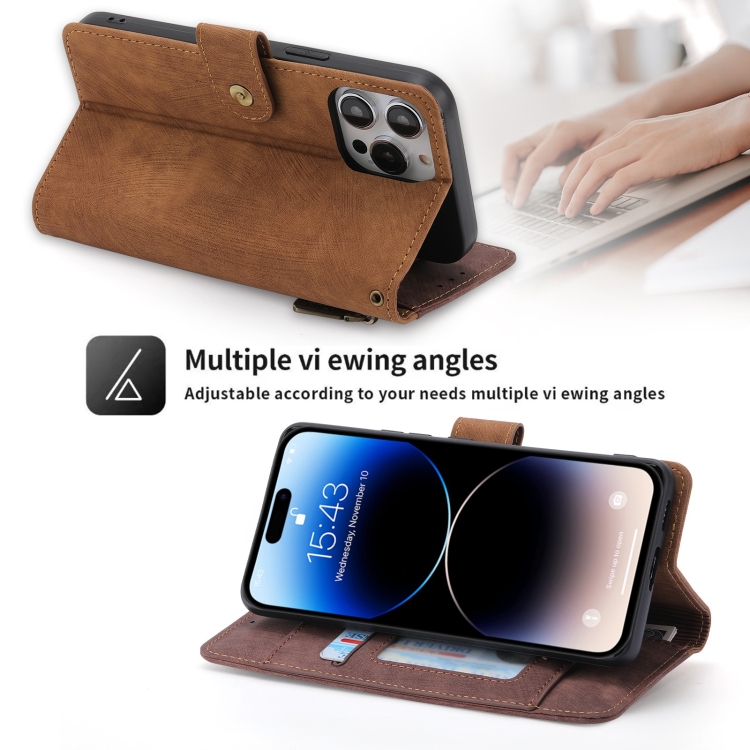 For iPhone 14 POLA Dual-color Zipper Wallet RFID Leather Phone Case(Burgundy Brown) - 4