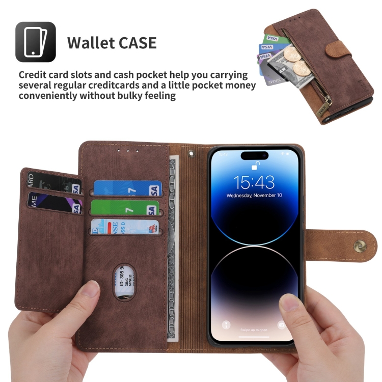 For iPhone 14 POLA Dual-color Zipper Wallet RFID Leather Phone Case(Burgundy Brown) - 5