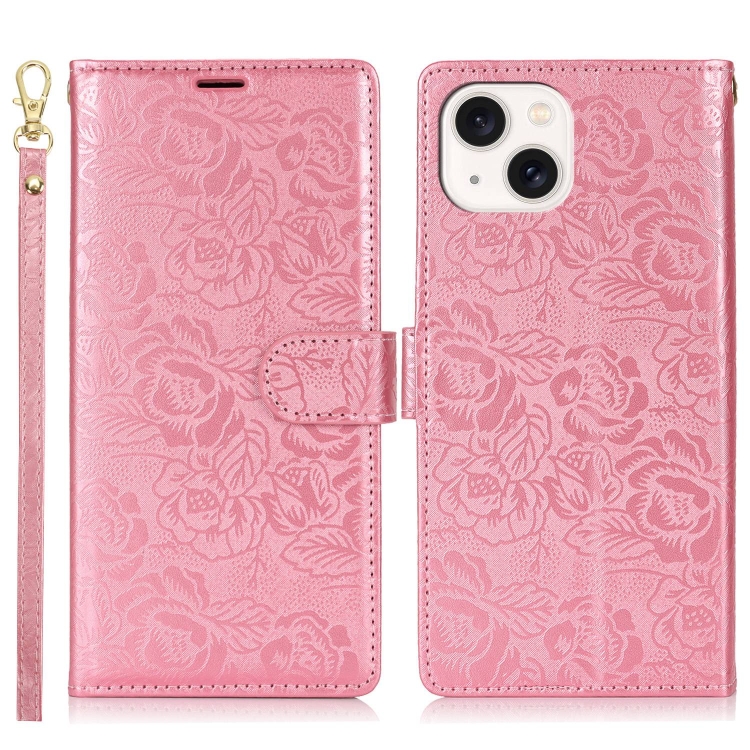 For iPhone 14 / 13 Peony Flowers Imprint Leather Phone Case(Pink) - 1
