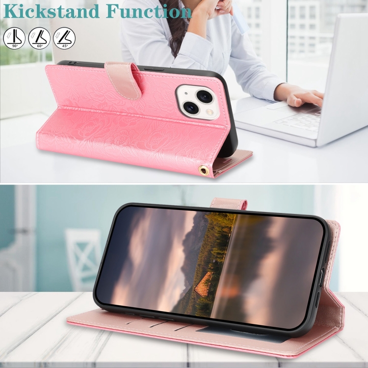 For iPhone 14 / 13 Peony Flowers Imprint Leather Phone Case(Pink) - 4