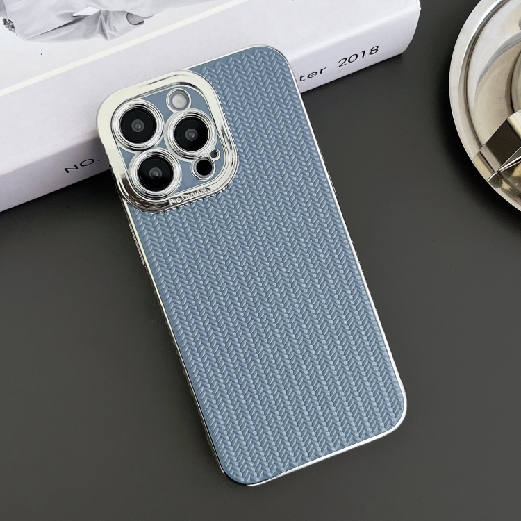For iPhone 15 Plus Electroplated Silver Edge Grain Texture TPU Phone Case(Blue) For iPhone 15 Plus Electroplated Silver Edge Grain Texture TPU Phone Case(Blue)