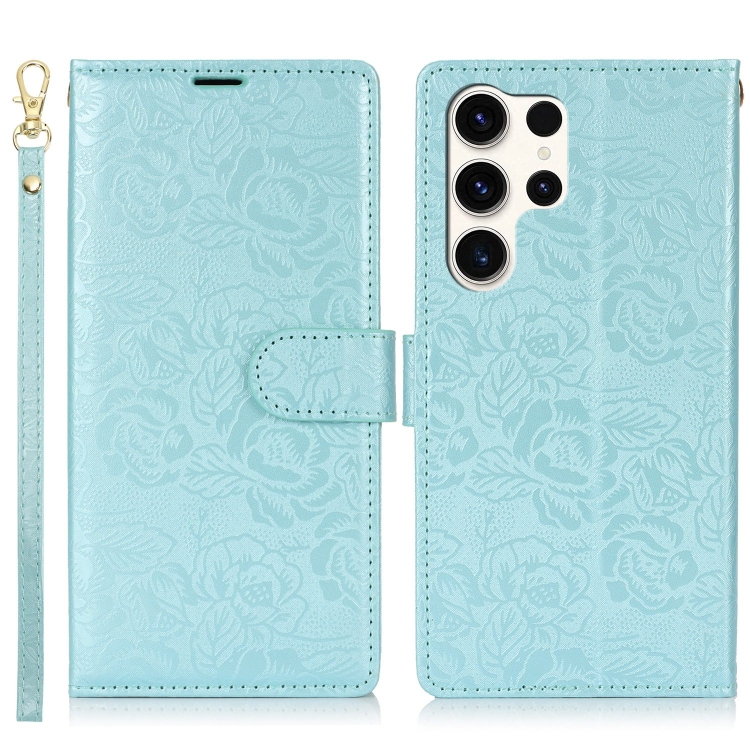 For Samsung Galaxy S24 Ultra 5G Peony Flowers Imprint Leather Phone Case(Sky Blue)