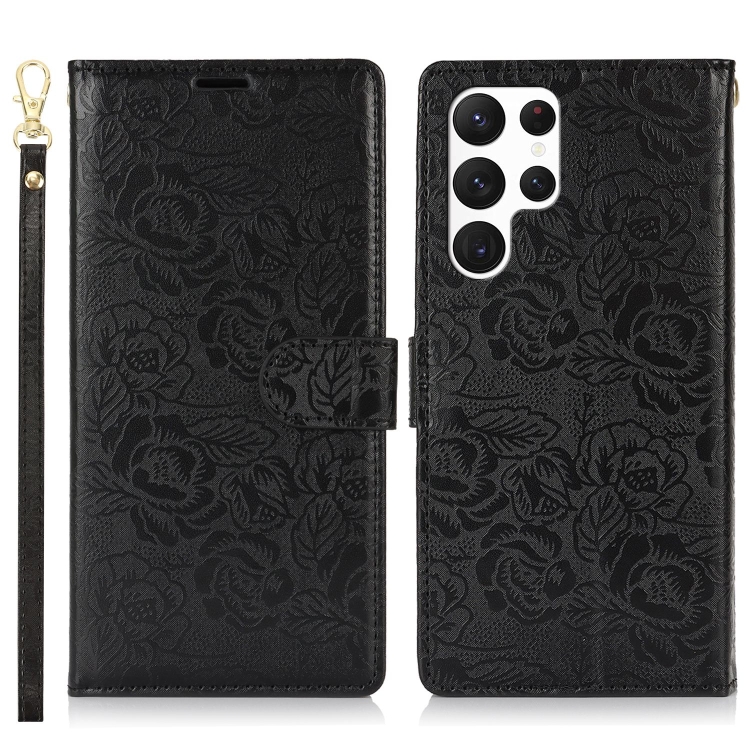 For Samsung Galaxy S22 Ultra 5G Peony Flowers Imprint Leather Phone Case(Black) For Samsung Galaxy S22 Ultra 5G Peony Flowers Imprint Leather Phone Case(Black)