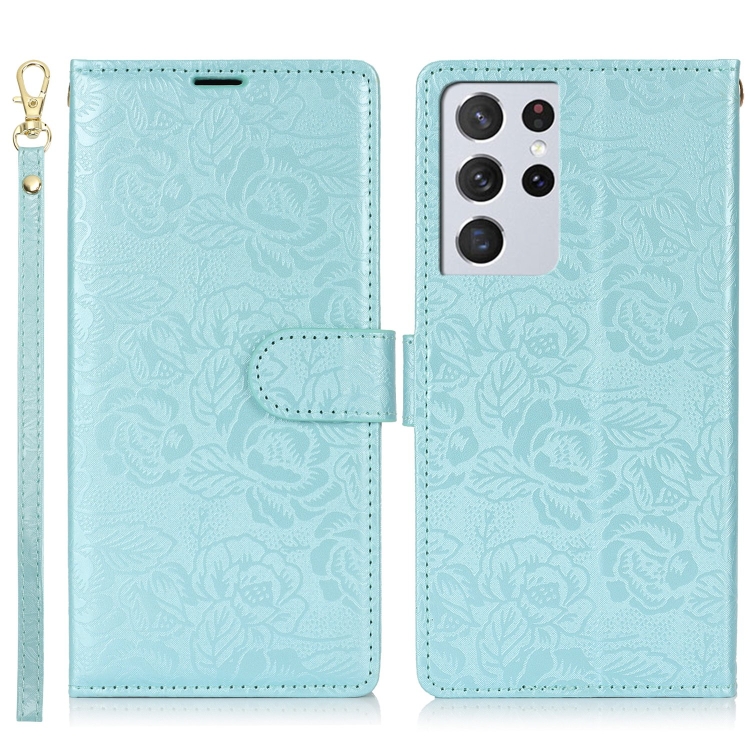 For Samsung Galaxy S21 Ultra 5G Peony Flowers Imprint Leather Phone Case(Sky Blue) For Samsung Galaxy S21 Ultra 5G Peony Flowers Imprint Leather Phone Case(Sky Blue)