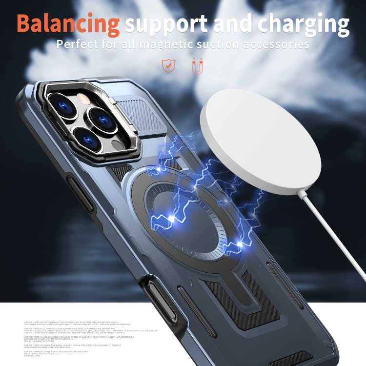 For iPhone 16 Pro Shield Hollow Frame Holder MagSafe Phone Case(Navy Blue) For iPhone 16 Pro Shield Hollow Frame Holder MagSafe Phone Case(Navy Blue)