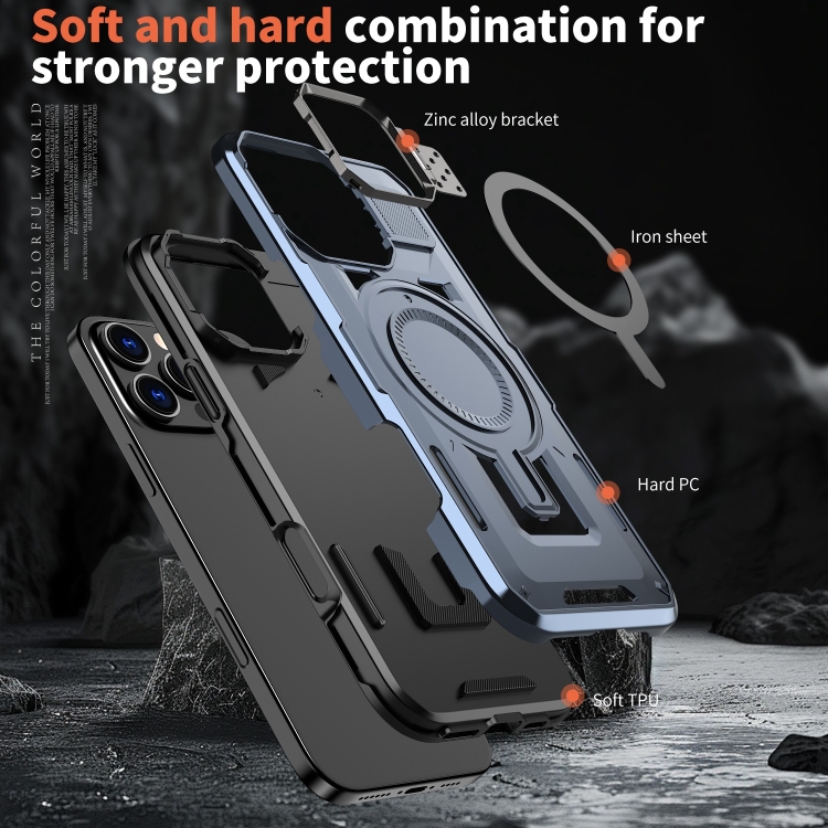 For iPhone 16 Pro Shield Hollow Frame Holder MagSafe Phone Case(Navy Blue) For iPhone 16 Pro Shield Hollow Frame Holder MagSafe Phone Case(Navy Blue)