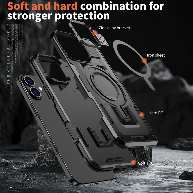 For iPhone 16 Shield Hollow Frame Holder MagSafe Phone Case(Black) For iPhone 16 Shield Hollow Frame Holder MagSafe Phone Case(Black)
