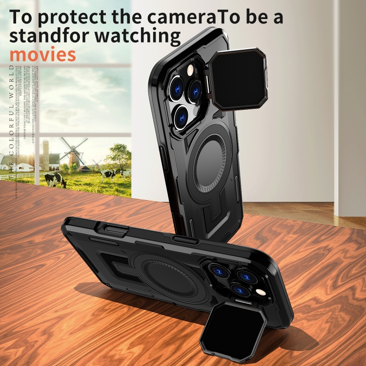 For iPhone 16 Pro Shield Frame Holder MagSafe Phone Case(Black) For iPhone 16 Pro Shield Frame Holder MagSafe Phone Case(Black)