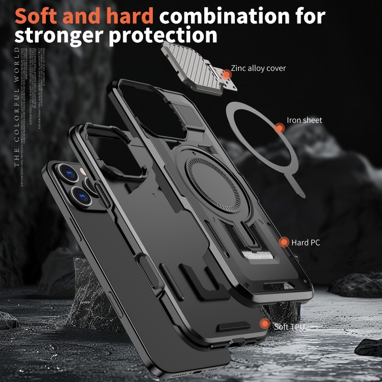 For iPhone 16 Pro Shield Frame Holder MagSafe Phone Case(Black) For iPhone 16 Pro Shield Frame Holder MagSafe Phone Case(Black)